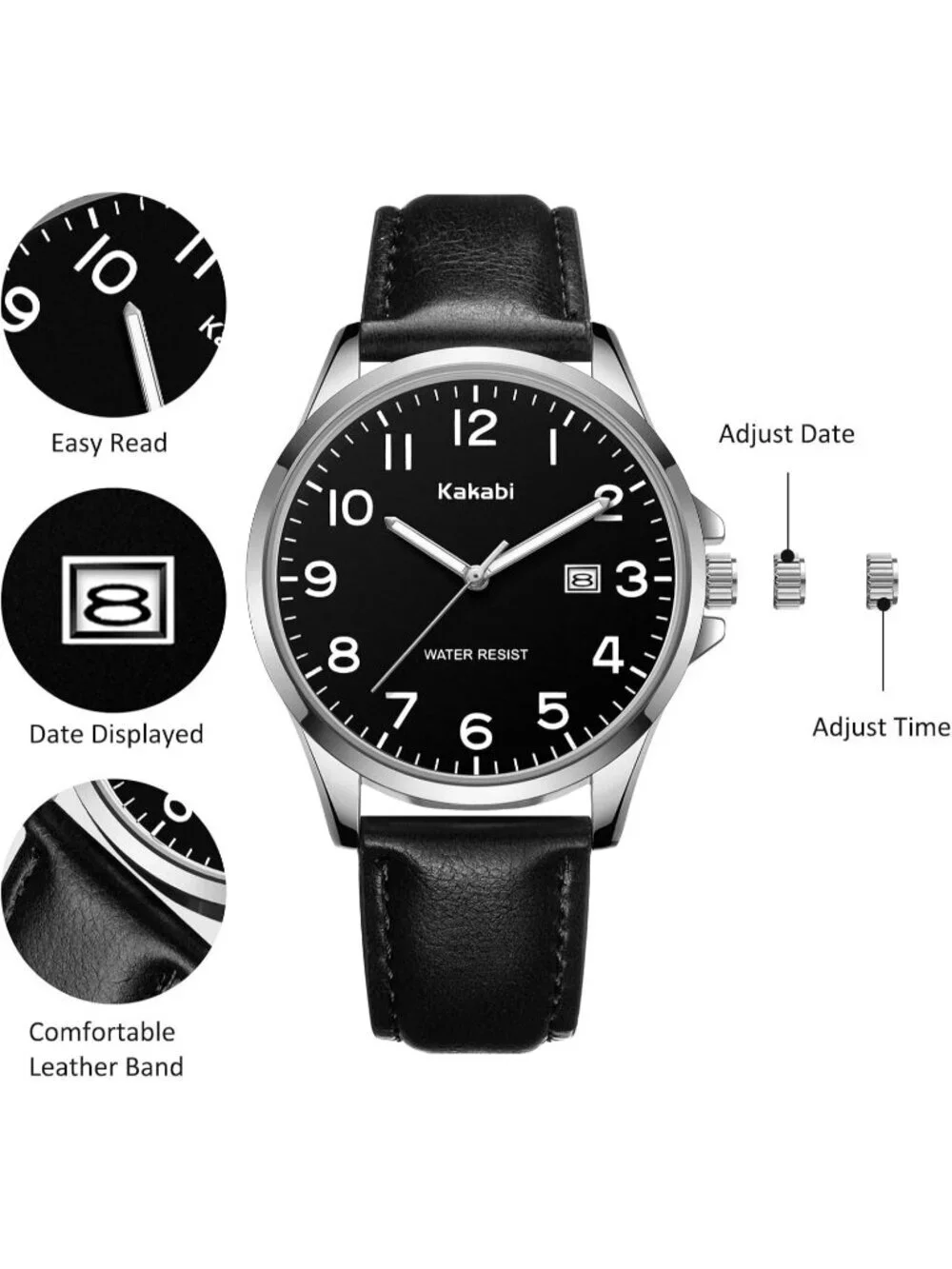 Men's Black Leather Strap Analog Quartz Waterproof Minimalist Round Wrist Watch